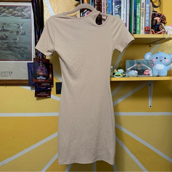 NWT Lulus Slice of Life Beige Ribbed Asymmetrical Cutout Mini Dress Size Small - Picture 7 of 8